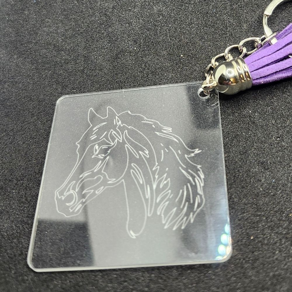 Hand Crafted Keychain Engraved Clear Acrylic Bag Charm, Zipper Pull Horse